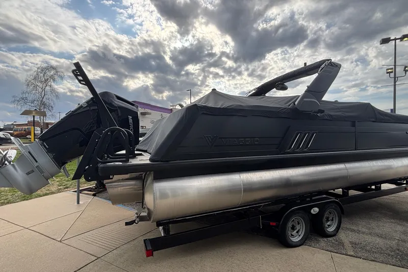 Slide: The Image of 2026 Viaggio Diamante U 26 pontoon boat on trailer under cloudy sky. - 46