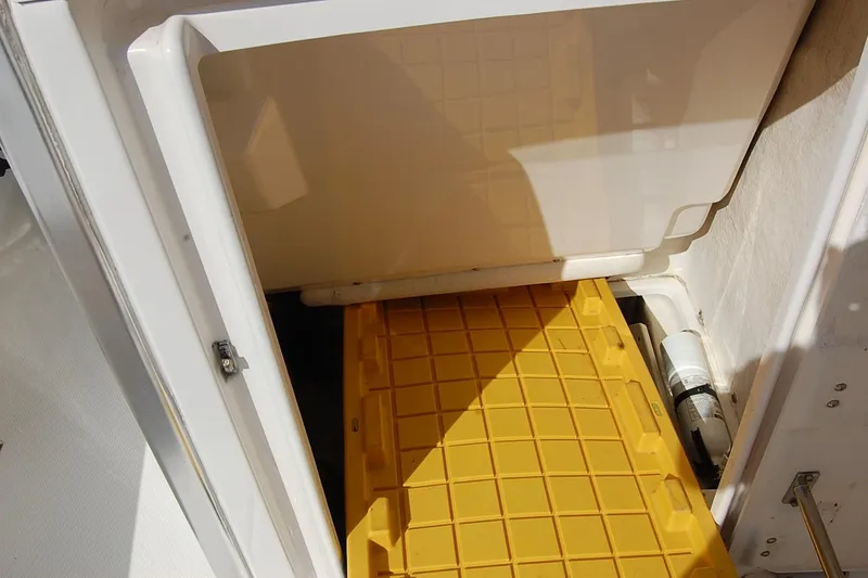 Slide: The Image of 2019 Robalo 226 Cayman storage compartment with yellow grid flooring. - 20