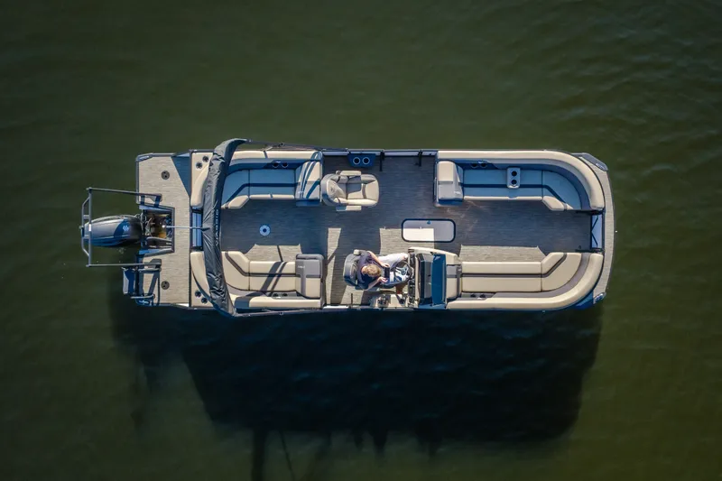 Slide: The Image of Aerial view of 2026 Viaggio Lago X24U pontoon boat on calm water. - 7