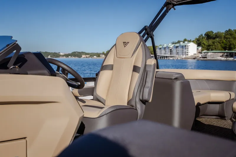 Slide: The Image of 2026 Viaggio Lago X24U boat interior with luxurious seating and scenic lake view. - 34