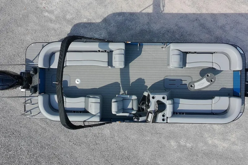 Slide: The Image of Overhead view of 2025 SunCatcher Fusion 324RCX pontoon boat with spacious seating layout. - 5