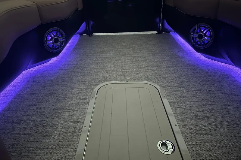 Slide: The Image of 2026 Godfrey AquaPatio 255 DFL interior with pink LED lighting and speaker detail. - 9