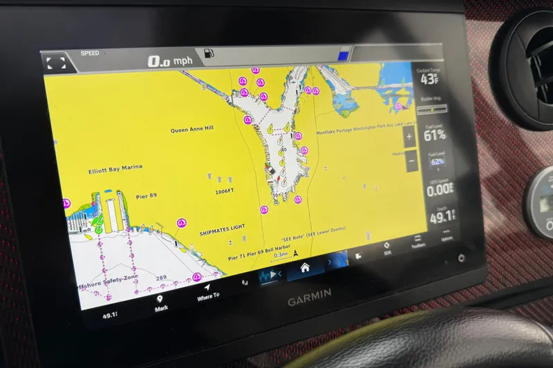 Slide: The Image of Garmin navigation display in 2024 Solara S-250 Coupe, showing detailed marine map. - 16