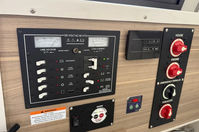 Slide: The Image of 2024 Solara S-250 Coupe electrical control panel with voltage and current meters. - 40