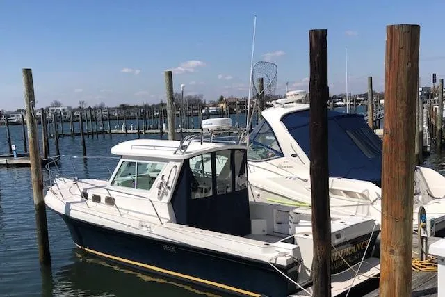 The Image of 2005 Albin 28 Tournament Express docked at a marina, surrounded by wooden posts. - 1