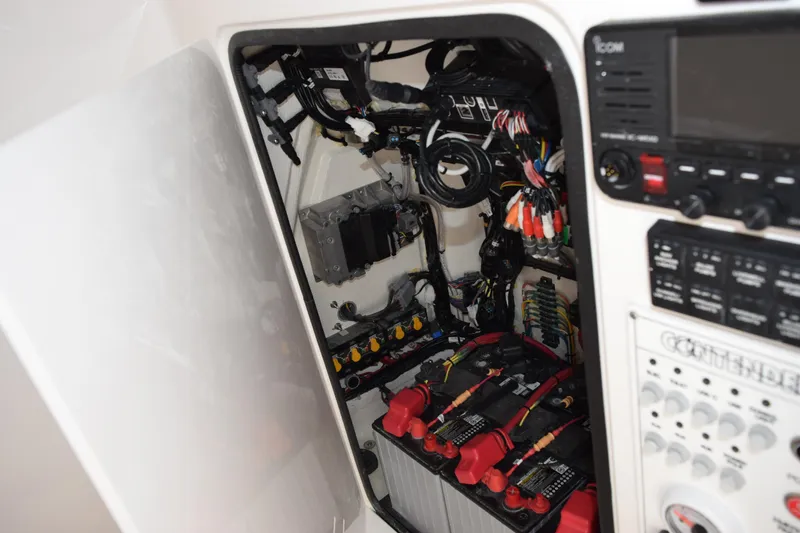 Slide: The Image of Electrical system of 2026 Contender 29 Bay boat, featuring batteries and wiring. - 24