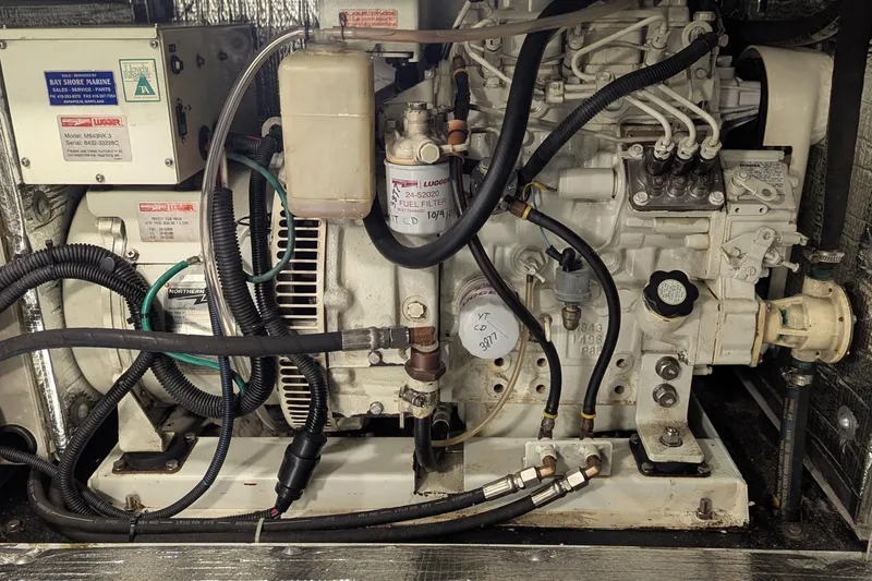 Slide: The Image of Engine compartment of a 2005 Kadey-Krogen Pilothouse, showcasing mechanical components and wiring. - 142