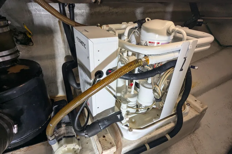 Slide: The Image of Engine room of 2005 Kadey-Krogen Pilothouse with Dometic equipment and hoses. - 162