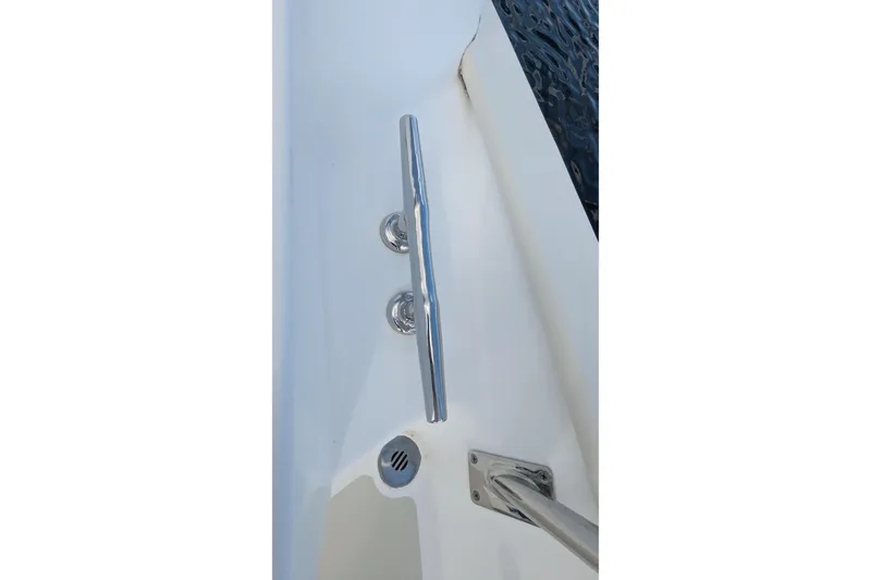 Slide: The Image of 2005 Kadey-Krogen Pilothouse boat deck with cleat and railing detail. - 30