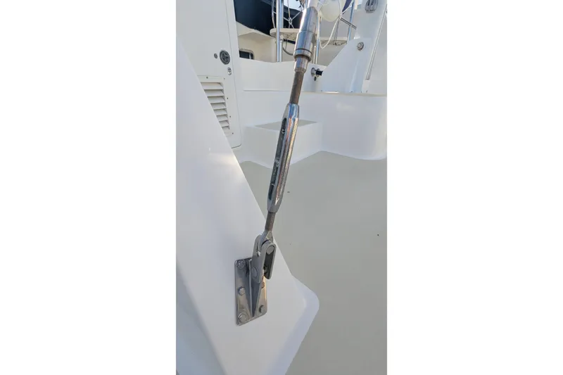 Slide: The Image of Close-up of a 2005 Kadey-Krogen Pilothouse boat's deck hardware and rigging. - 40