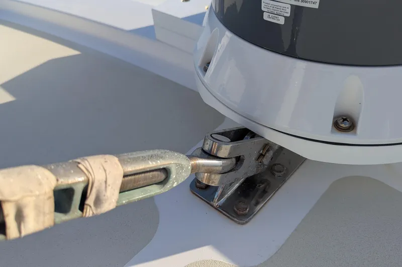 Slide: The Image of Close-up of a 2005 Kadey-Krogen Pilothouse boat's rigging and hardware. - 49