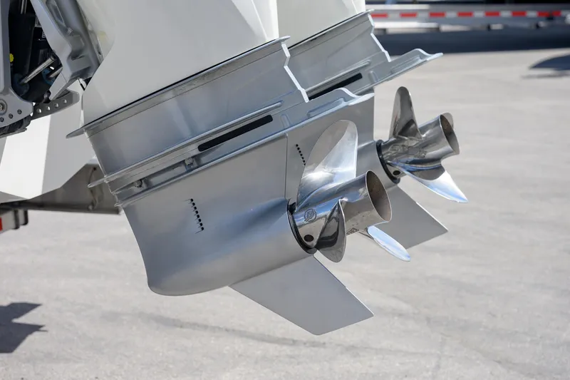 Slide: The Image of 2021 SeaVee 322Z boat propellers, close-up view of dual stainless steel blades. - 7