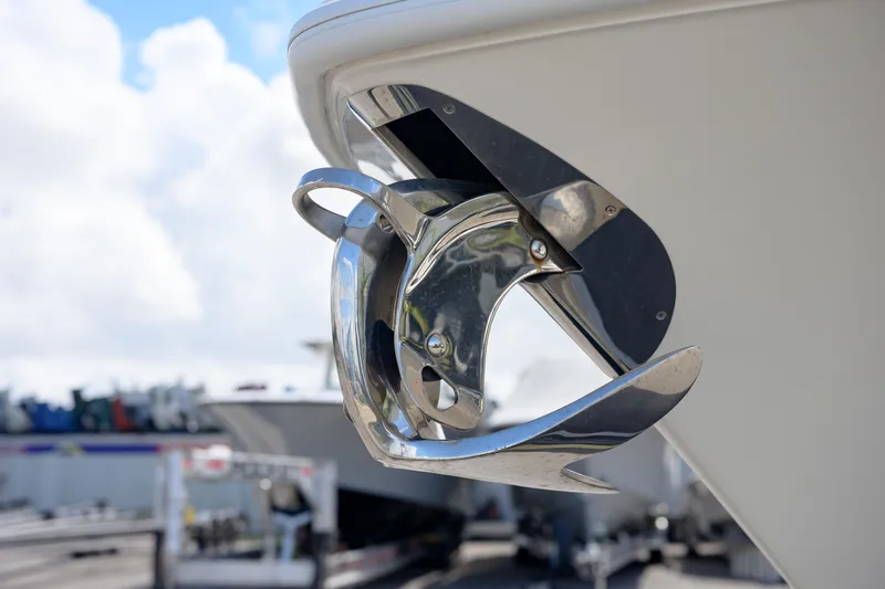 Slide: The Image of 2021 SeaVee 322Z boat anchor detail with polished metal finish. - 8