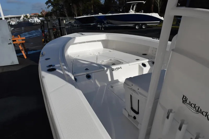 Slide: The Image of 2026 BlackJack 256 Coastal boat, white interior, docked outdoors. - 11