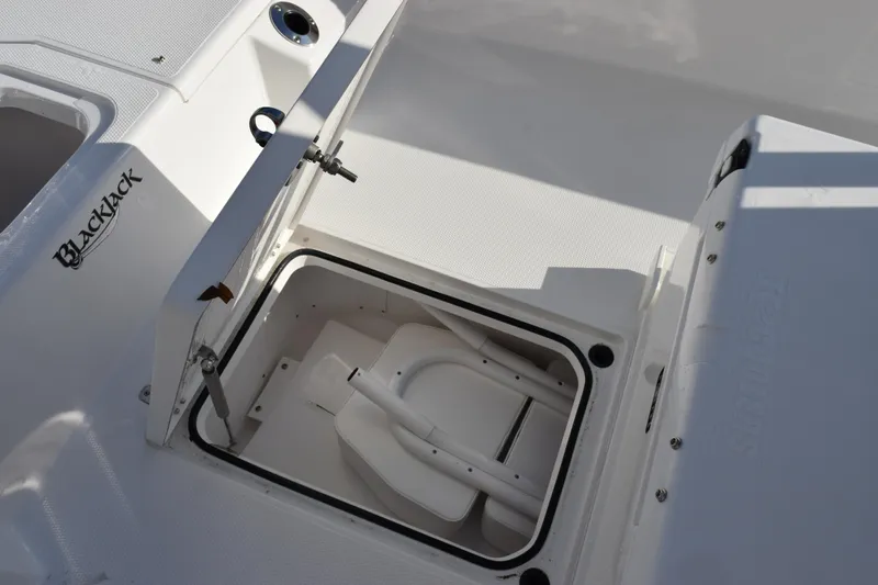 Slide: The Image of 2026 BlackJack 256 Coastal boat storage compartment with open hatch. - 13