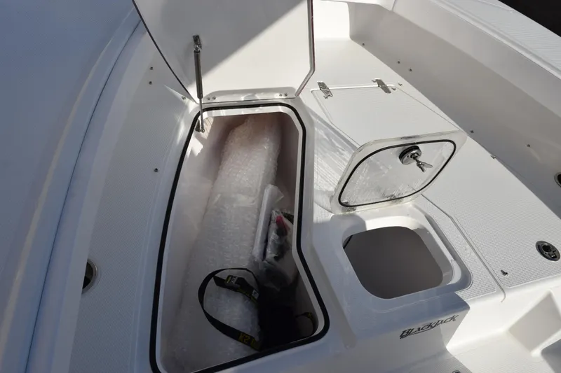 Slide: The Image of Open storage compartments on a 2026 BlackJack 256 Coastal boat deck. - 14