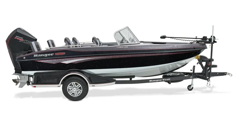 Slide: The Image of Manufacturer Provided Image: 2026 Ranger 1880MS boat on trailer, sleek black design, equipped with outboard motor. - 10