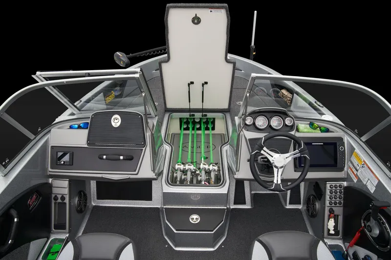 Slide: The Image of Manufacturer Provided Image: 2026 Ranger 1880MS boat interior with steering wheel, control panel, and rod storage. - 27