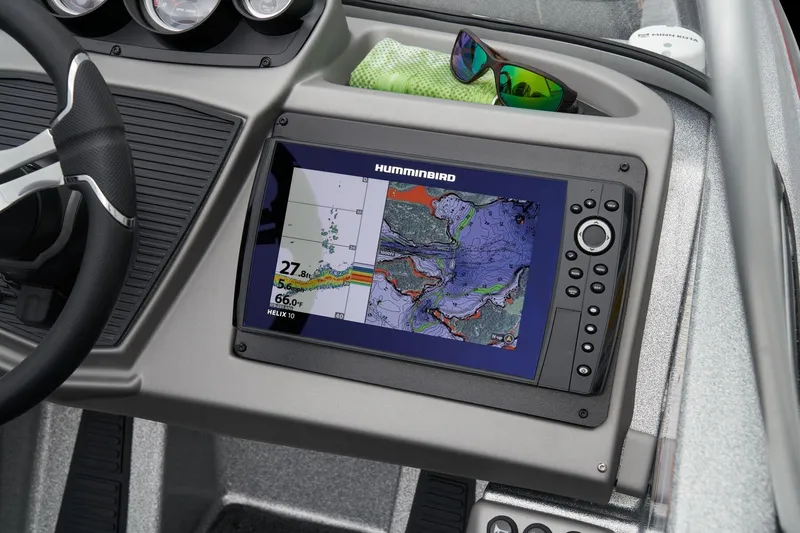 Slide: The Image of Manufacturer Provided Image: Humminbird navigation system on 2026 Ranger 1880MS boat dashboard with map display. - 36