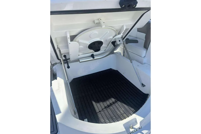 Slide: The Image of Open storage compartment on a 2019 Monterey 295 Sport Yacht, featuring hydraulic lift support. - 10