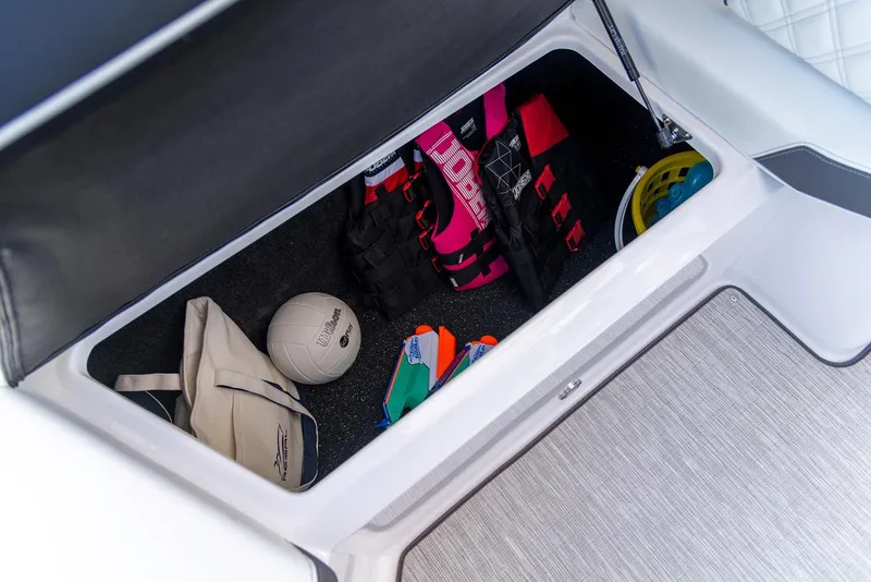 Slide: The Image of Manufacturer Provided Image: Storage compartment in a 2020 Regal 22 FasDeck boat with sports equipment. - 11