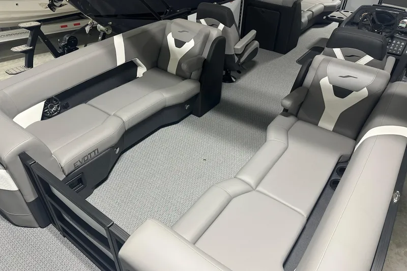 Slide: The Image of Luxurious interior of 2026 Evotti 525QL boat with modern seating and illuminated dashboard. - 14