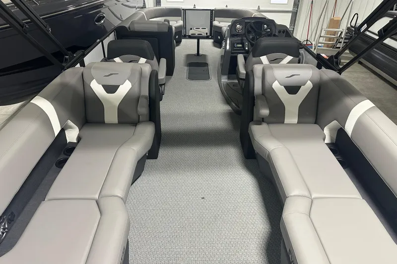 Slide: The Image of Luxurious interior of 2026 Evotti 525QL boat with sleek gray seating. - 15
