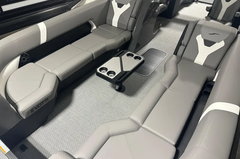 Slide: The Image of Luxurious interior of 2026 Evotti 525QL boat with sleek gray seating and modern design. - 18