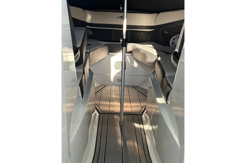 Slide: The Image of Interior view of 2023 Monterey 298SS Super Sport boat, featuring sleek seating and modern design. - 17