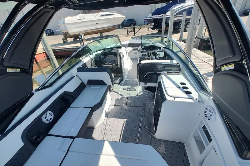 Slide: The Image of 2023 Monterey 298SS Super Sport boat interior with sleek seating and modern dashboard. - 20