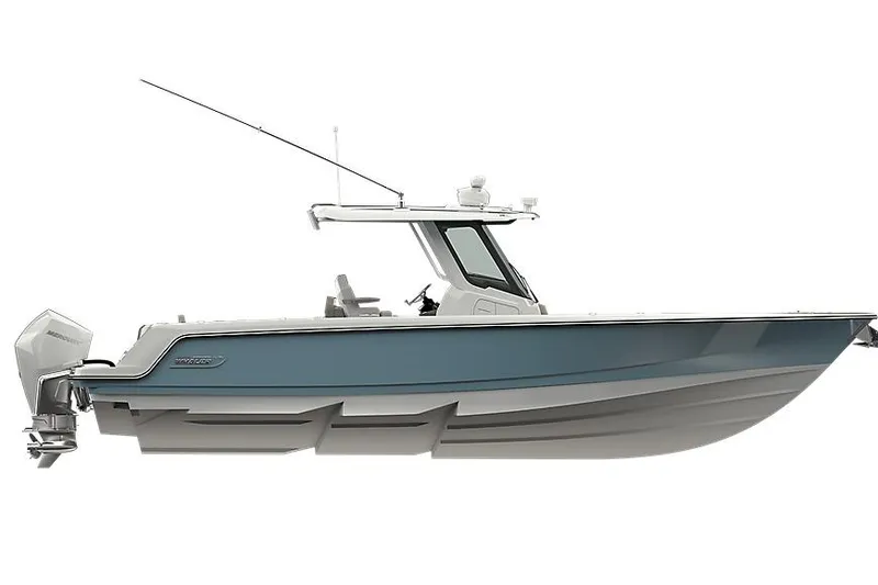 Slide: The Image of Boston Whaler 290 Outrage 2027, blue boat, side view. - 3