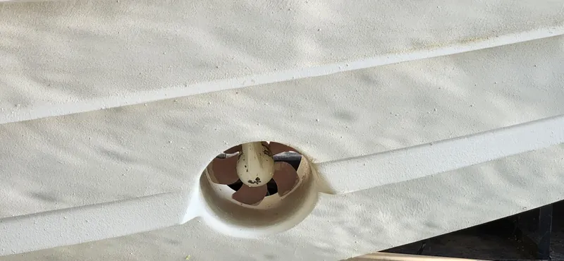 Slide: The Image of 2007 Cobalt 343 boat hull with visible propeller detail. - 10