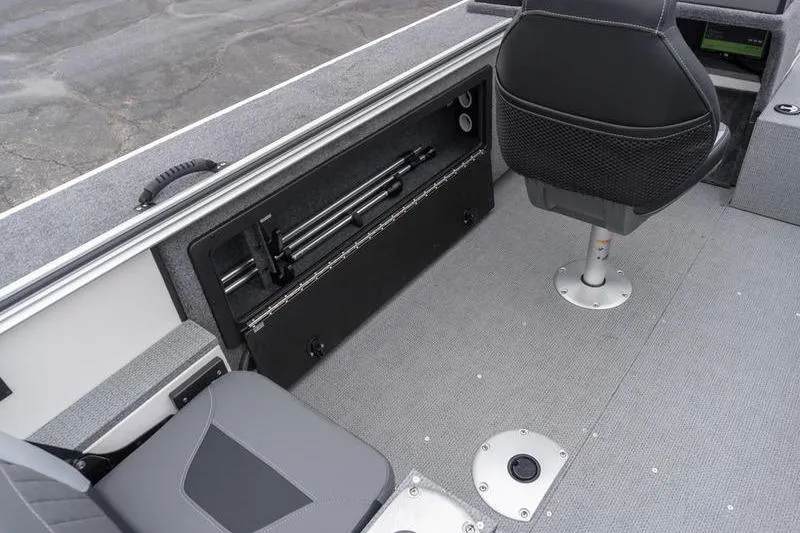 Slide: The Image of 2026 G3 Angler V1750 SF boat interior with seating and storage compartment. - 10