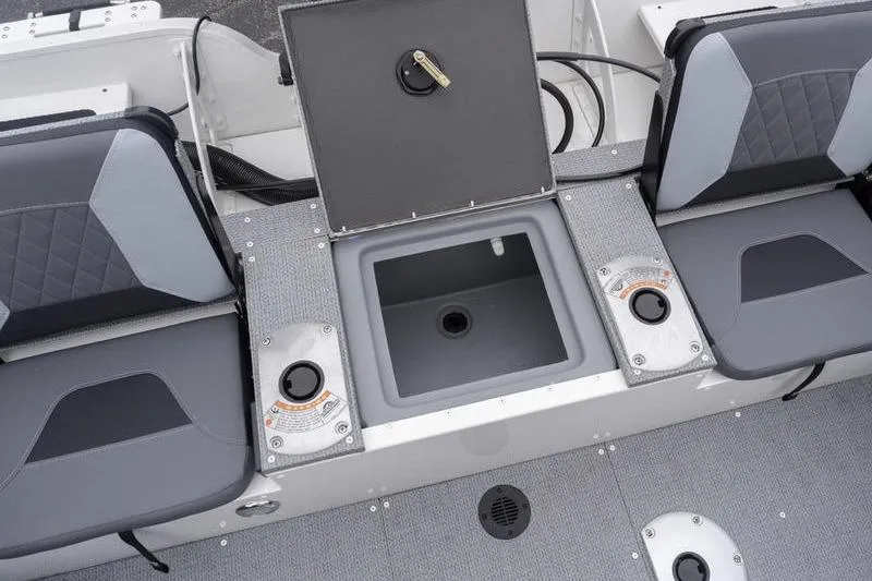 Slide: The Image of 2026 G3 Angler V1750 SF boat interior with storage compartment and seating. - 21