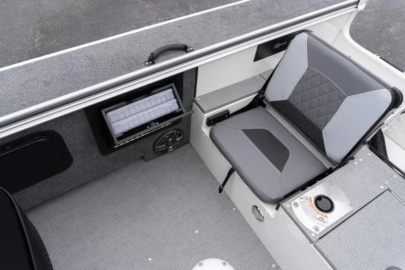 Slide: The Image of 2026 G3 Angler V1750 SF boat interior with gray seating and control panel. - 22