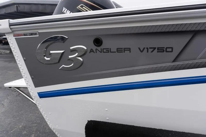 Slide: The Image of 2026 G3 Angler V1750 SF boat side view with logo and design details. - 8