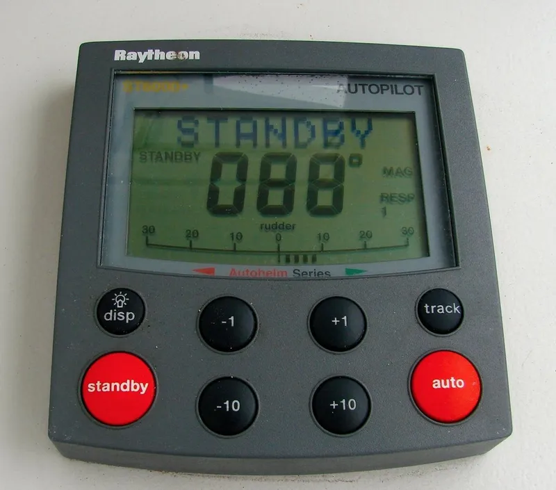 Slide: The Image of Raytheon autopilot display in standby mode, Mainship Pilot 34, year 2000. - 33