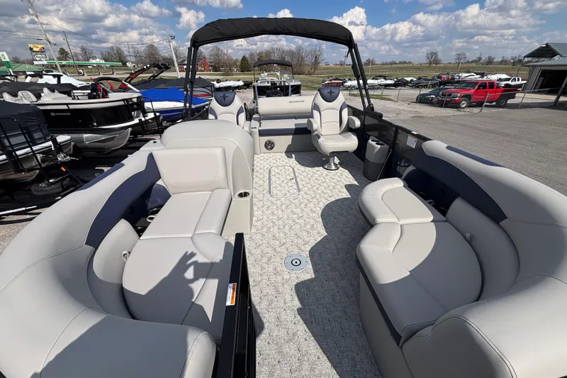 Slide: The Image of 2026 Berkshire 22UL LE B pontoon boat with spacious seating and modern design. - 4