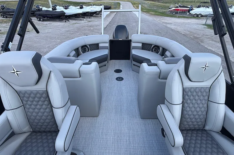 Slide: The Image of Luxurious interior of 2026 Berkshire 23RFX STS pontoon boat with plush seating and modern design. - 12