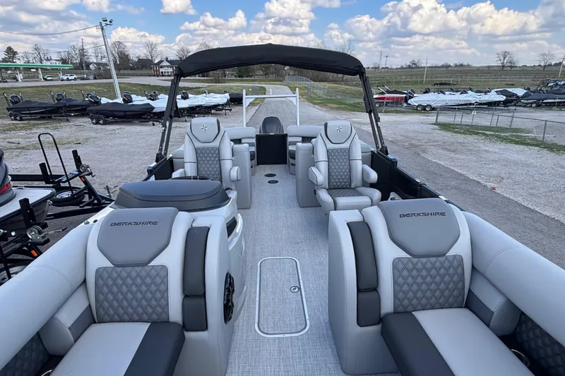 Slide: The Image of 2026 Berkshire 23RFX STS pontoon boat with luxurious seating and modern design. - 7