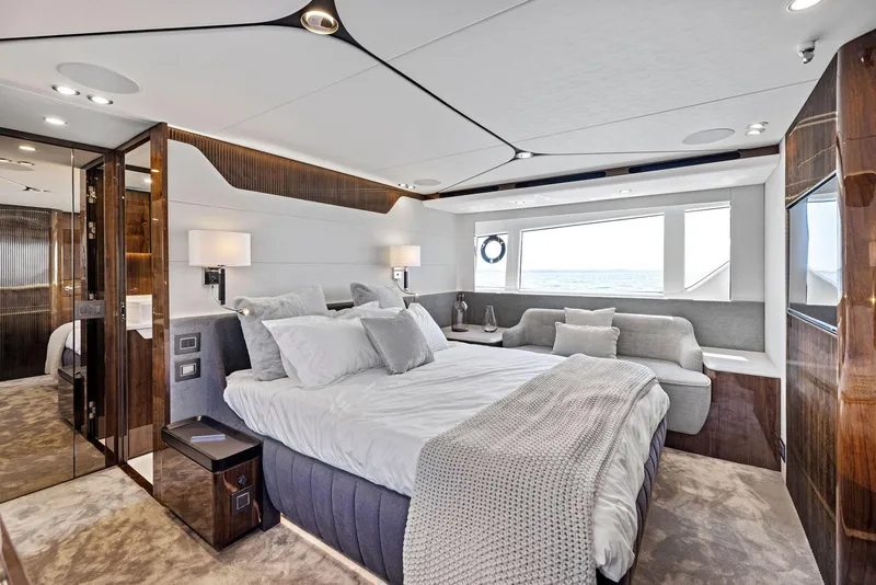 Slide: The Image of Luxurious bedroom interior of 2027 Fairline Squadron 68 yacht with ocean view. - 33