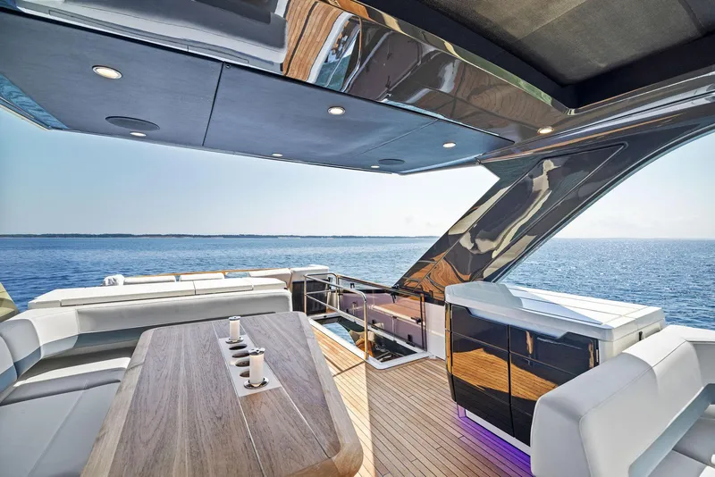 Slide: The Image of Luxurious interior of Fairline Squadron 68 yacht, 2027 model, with ocean view. - 49