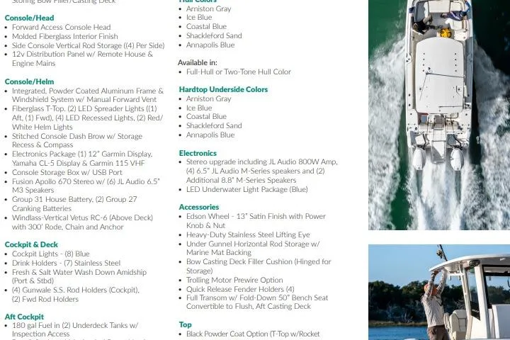 Slide: The Image of 2026 World Cat 265 CC-X boat features and specifications with top view on water. - 14