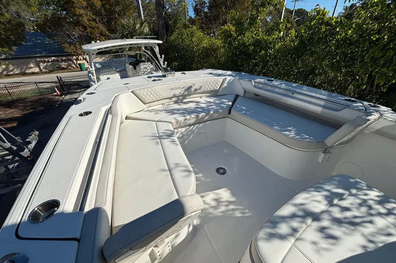 Slide: The Image of 2025 World Cat 325 CC boat with spacious seating and sleek design. - 8