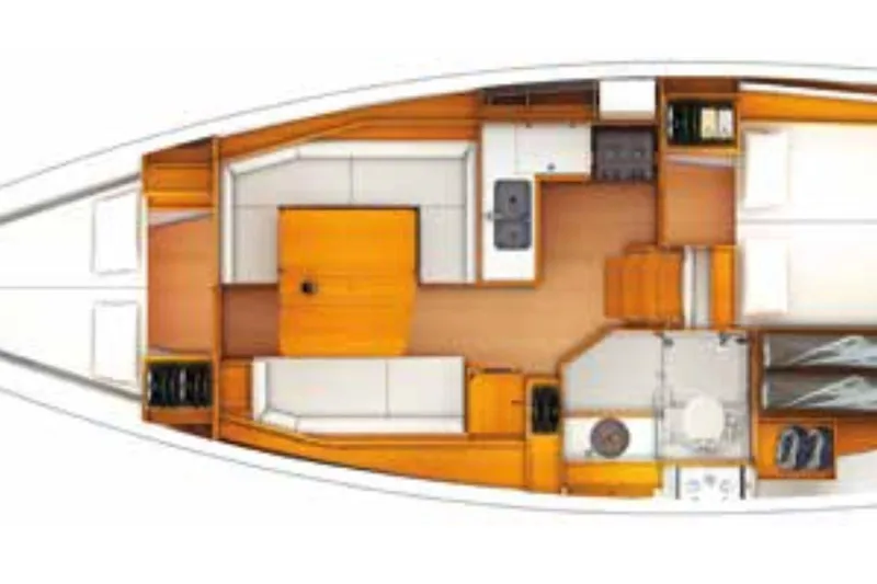 Slide: The Image of Interior layout of 2018 Jeanneau Sun Odyssey 389 sailboat, featuring kitchen, seating, and sleeping areas. - 26