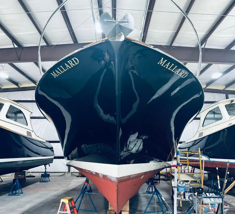 Slide: The Image of 2005 Hinckley Talaria 44 MY yacht "Mallard" in a boatyard, front view. - 2