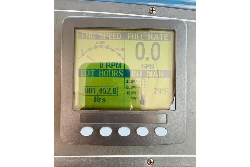 Slide: The Image of Dashboard of 2005 Tiara Yachts 3600 Sovran showing engine hours and temperature. - 63