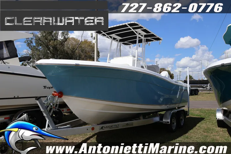 Slide: The Image of 2026 Clearwater 2200 Center Console boat on trailer at Antonietti Marine dealership. - 3