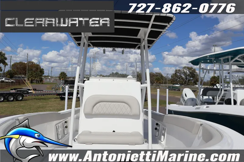 Slide: The Image of 2026 Clearwater 2200 Center Console boat displayed at Antonietti Marine dealership. - 5