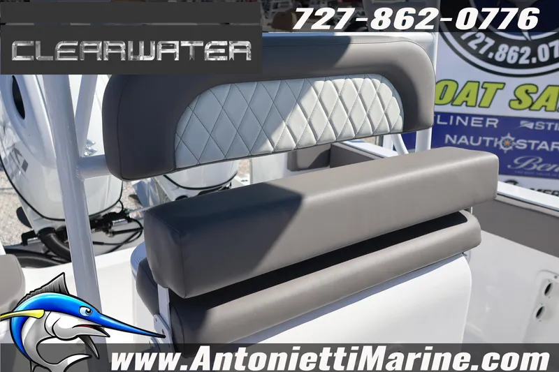 Slide: The Image of Clearwater 2300 boat seat with diamond stitching, 2026 model, displayed at Antonietti Marine. - 29